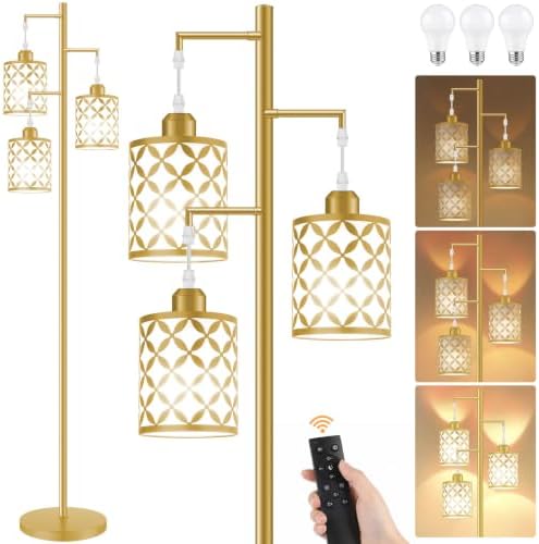 72" Dimmable Floor Lamp with Remote & Timer, Modern Industrial Standing Lamp for Living Room Bedroom, 3 Individually Controlled Heads, 2 Height Options, 3 x 800LM LED Bulbs Included - Gold by GHOOCEMLUX