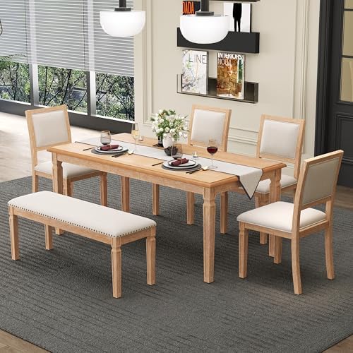 VilroCaz Farmhouse 6-Piece Dining Table Set, 59 to 72-Inch Extendable Dining Table with 4 Chairs & Bench, Vintage Kitchen Table Set with Distressed Finish and Retro Carved Legs (Natural-11.6) - Image 3
