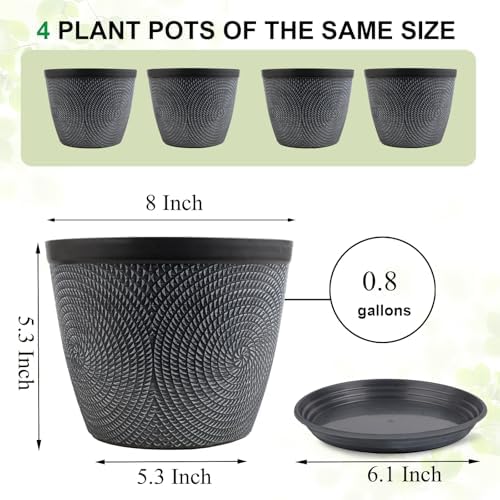Quarut 4 Pack 8 Inch Flower Pots,Plastic Plant Pots with Drainage Hole&Tray - Image 6