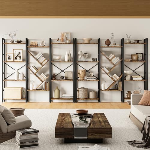 INNOD Triple 4 Tier Book Shelf, Large Industrial Bookcase with Storage Cabinet, Tall Bookshelf with Open Display Shelves Furniture for Living Room Bedroom Home Office Rustic Brown - Image 3