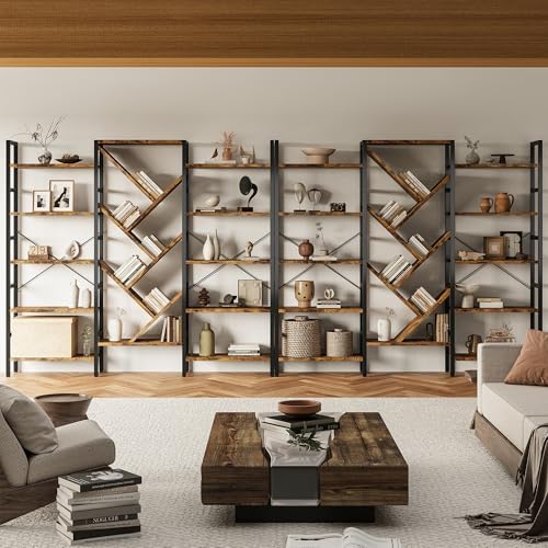 INNOD 70x70 Triple 5 Tier Book Shelf, Large Wooden Bookcase with 17 Open Display Shelf, Modern Tree Bookshelf Metal Frame Tall Book Case Furniture for Living Room Bedroom Home Office Rustic Brown - Image 6