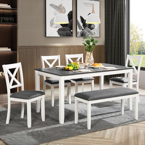 Harper & Bright Designs 6-Piece Wooden Dining Set for 6,Kitchen Furniture Set with Cross Back 4 Dining Chairs and Bench,White+Gray by HarperBrightDesigns