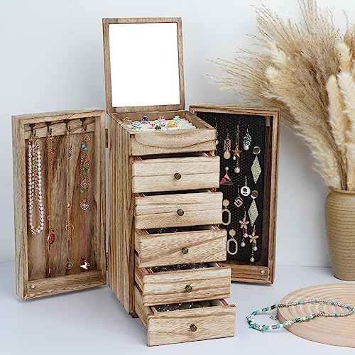 Meangood Jewelry Box Wood for Women, 6-Layer Large Organizer Box with Mirror & 5 Drawers for Rings, Earrings, Necklaces, Vintage Style, Torched Wood - Image 7