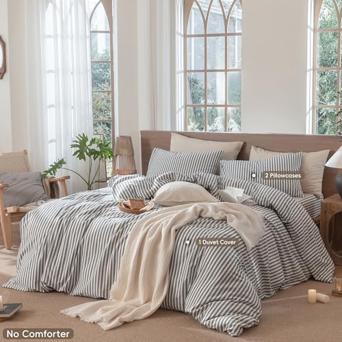 MooMee Striped Duvet Cover Set 100% Washed Cotton Linen Like - Image 2