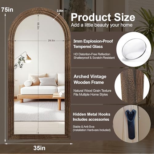Delma Arched Full Length Mirror with Stand, 75x35 Brown Wood Floor Mirror - Image 3