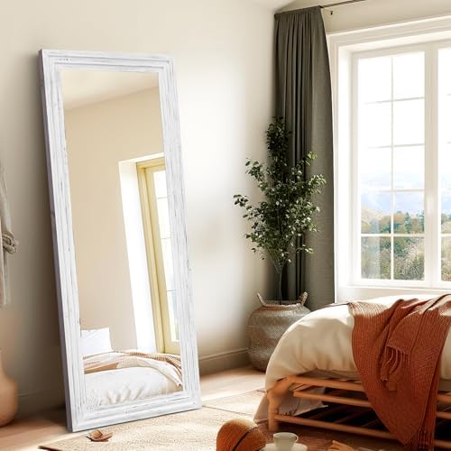58x22in Full Length Mirror, 3-Tier Stepped Solid Wood Frame, White - Image 4