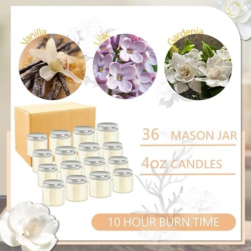 ACITHGL 36 Pcs 4oz Mini Mason Jar Candles Small Scented Candles Bulk Aromatherapy Ideal Souvenir Favors for Wedding Birthday Party (Vanilla, Lilac, Gardenia, Silver) - Image 3