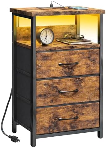 Fixwal Night Stand with 3 Fabric Drawers, Nightstand with Charging Station by Fixwal