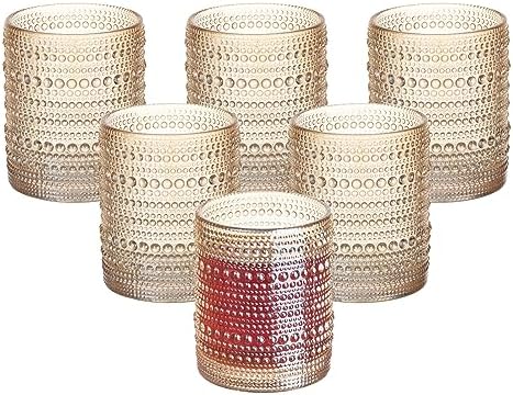 XKXKKE Amber Hobnail Beaded Drinking Glasses Set of 6, 12 oz Vintage Glassware Set Romantic Water Glasses Tumbler, Water Cups, Clear Embossed Glassware Set for Beer, Juice, Cocktail, Soda, Beverages by XKXKKE