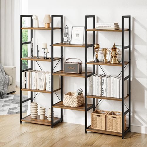 NUMENN Triple Column 4 Tier Bookshelf with 11 Adjustable Shelves, Vintage - Image 4
