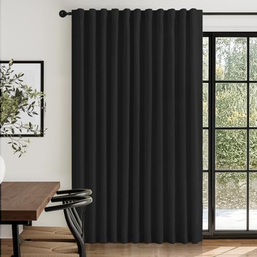 Linen Textured Total Blackout Sliding Door Curtains 96 Inches Long, Black by 100BlackoutShield