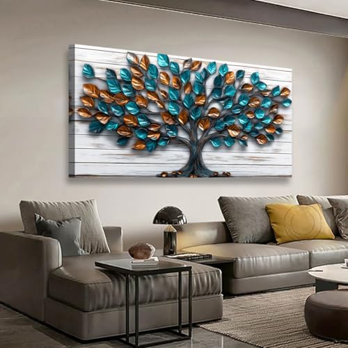 Tree Nature Wall Art Bedroom Abstract Wall Decor Living Room,Tree of Life Canvas Wall Art Office Farmhouse Paintings Artwork Modern Teal Golden Leaves Wall Art Prints Pictures 20 * 40inch - Image 5