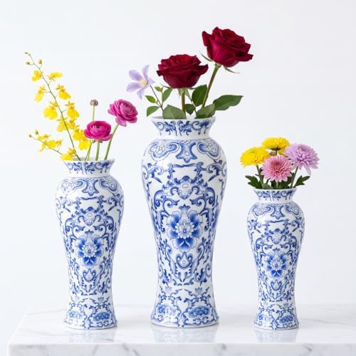 LemonRoad 3 Pack Chinoiserie Vases Porcelain Blue and White Vases for Flowers Pottery Chinoiserie Ceramic Vase for Living Room Mother's Day Decor Table Centerpiece, 6.7", 8.3", 10"(Modern) by Unknown