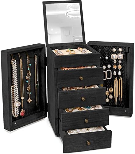 Meangood Jewelry Box Wood for Women, 5-Layer Large Organizer Box with Mirror & 4 Drawers for Rings, Earrings, Necklaces, Black by Meangood