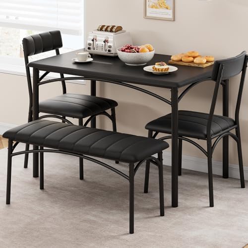 IDEALHOUSE Dining Table Set for 4, Kitchen Table with Chairs for 4, Rectangular Wood Dining Room Table Set with Upholstered Bench for Small Space, Dinner, Apartment, Retro Black by IDEALHOUSE