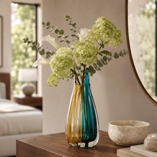 Hand Blown Teal Amber Colorblock Glass Vase, Modern Home Table Centerpiece - Image 7