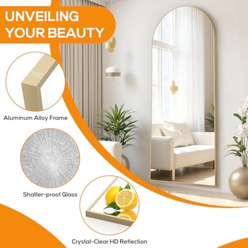 Arched Mirror Full Length, Upgraded 21"x64" Body Wall Mirrors with Shatter-Proof Glass, Floor Standing, Hanging or Leaning, Large Tall Arch Mirror with Stand Aluminum Alloy Frame - Image 5
