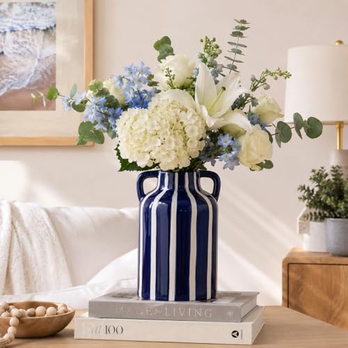 SURE YUESI Blue Ceramic Vase with Handles, Modern Farmhouse Striped Decorative Vase, 9.1" Art Deco Tall Flower Vases for Pampas Grass, Shelf Decor, Dining Table Centerpiece, Living Room Home Decor - Image 2