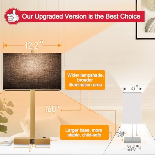 Lynnoland 21" Set of 2 Bedside lamp with USB A+C & AC Outlets, Touch Control 3-Way Dimmable Nightstand Lamps for Bedroom Living Room Office Reading, Black Shade Touch Lamps, 3000K LED Bulbs Included - Image 3