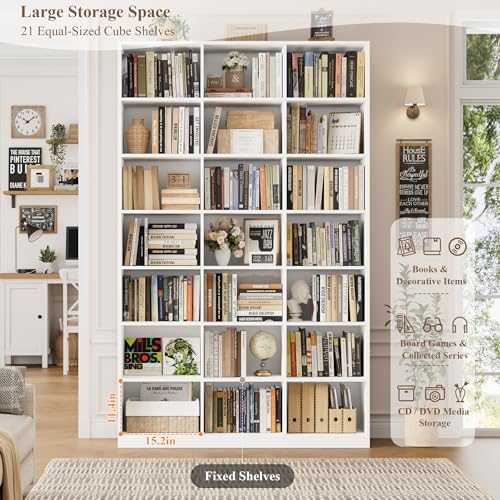 HOSTACK 86" H Triple Wide Bookshelf and Bookcase, Large Book Shelves, White - Image 6