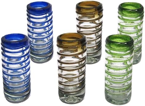 Blue & Green & Amber Spiral 2 oz Tequila Shot Glasses (set of 6), Recycled Glass, Lead-free, Toxin-Free (Shot) by MexHandcraft