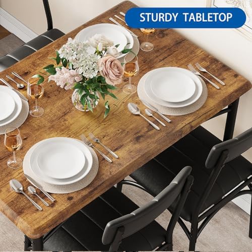 IDEALHOUSE Dining Table Set for 4, Kitchen Table with Chairs for 4, Rectangular Wood Dining Room Table Set with Upholstered Bench for Small Space, Dinner, Apartment, Retro Brown - Image 5