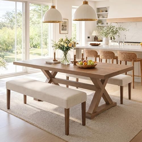 HNY Farmhouse Upholstered Dining Bench Seat Set of 2, 45" Linen Fabric Entryway Bench with Natural Wood Legs, Mid Century Modern End of Bed Bench for Kitchen Bedroom Living Room Hallway, Beige by HNY