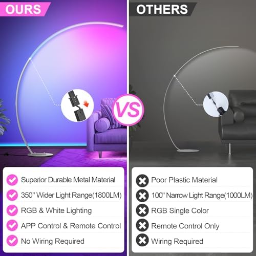 RGB Floor Lamp with 3 Color Temperatures, Ultra Bright 1800LM Smart Arc LED Floor Lamp with Remote Control, Music Sync, Scene Modes, Modern Standing Tall Lamp for Bedroom Living Room-Brushed Nickel - Image 2