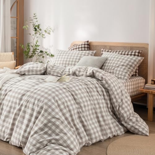 BESTOUCH Gingham Cotton Duvet Cover Set Linen Grey Queen - Image 6
