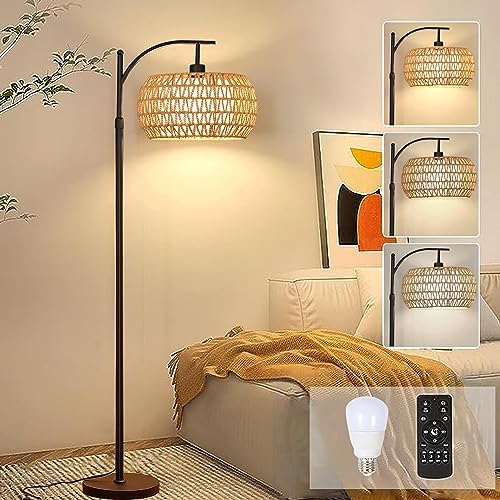 Arc Floor Lamps for Living Room Rattan Boho Floor Lamp with Remote Control,Dimmable LED Floor Lamps Wicker Lamp Shades Black Standing Lamp with 3 Color Temperature Tall Floor Lamp For Bedroom Corner by ZECOXOL