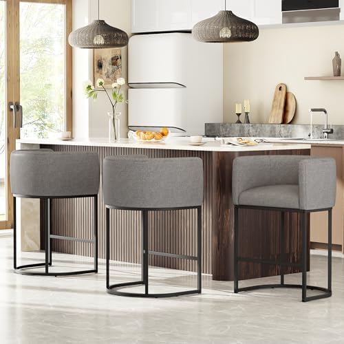 26" H Counter Height Bar Stools Set of 3, Modern Barrel Counter Stools with Backrest and Arms, Linen Fabric Upholstered Accent Barstools for Kitchen Island,Support 450 LBS (Gray) by VATROS