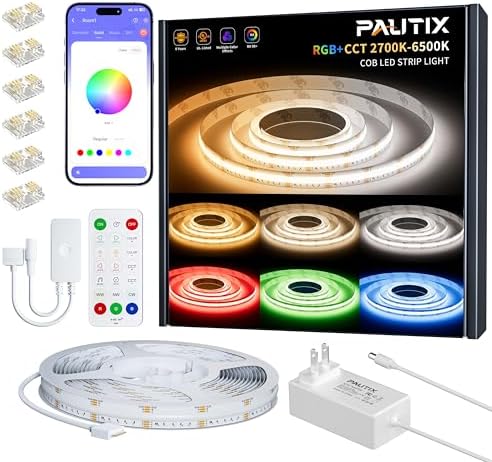 PAUTIX COB LED Strip Lights,32.8ft RGB+CCT 2700K-6500K White LED Lights,Dimmable Color Changing RGB LED Strip Light,with Remote/APP Control,for Kitchen Cabinets,Ceiling,Party DIY Lighting Projects by PAUTIX
