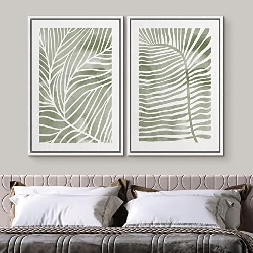 SIGNWIN Canvas Print Wall Art Set Green White Tropical Island Palm Leaves Nature Wilderness Illustrations Modern Art Rustic Multicolor for Living Room, Bedroom, Office - 24"" x36 x2 White - Image 3