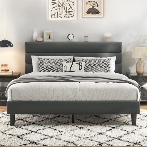 Fluest Queen Size Bed Frame, Platform Bed Frame with Velvet Upholstered Headboard, No Box Spring Needed, Sturdy Metal Support, Noise Free, Easy Assembly, Grey by Fluest