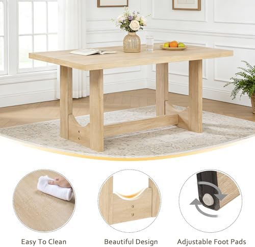 LUMISOL 6-Piece Dining Table Set with Bench, Rectangular Kitchen Table Set with U-Shaped Base, 4 Upholstered Chairs and Bench for Kitchen, Dining Room, Light Oak & Beige - Image 4
