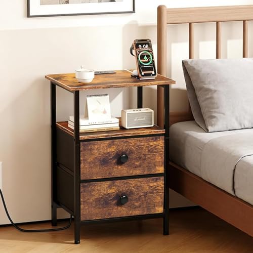 Nightstand with Charging Station, Bedside End Table with 2 Fabric Drawers for Bedroom, Side Table with USB Ports and Outlets, Rustic Brown - Image 7