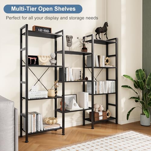 DUMOS Triple Column 4 Tier Bookshelf, Wide Industrial Bookcase, Black - Image 3