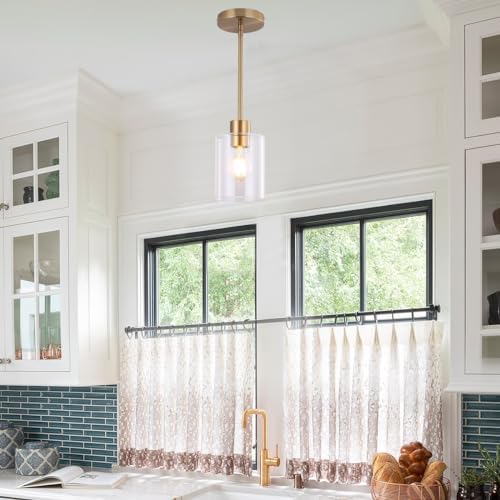 Brass Pendant Lights Kitchen Island,Modern Farmhouse Clear Glass Pendant Light,Gold Light Fixture Kitchen Pendant Mini Hanging Light Fixture for Sink (Brass 2 Pack stem Rod) - Image 5