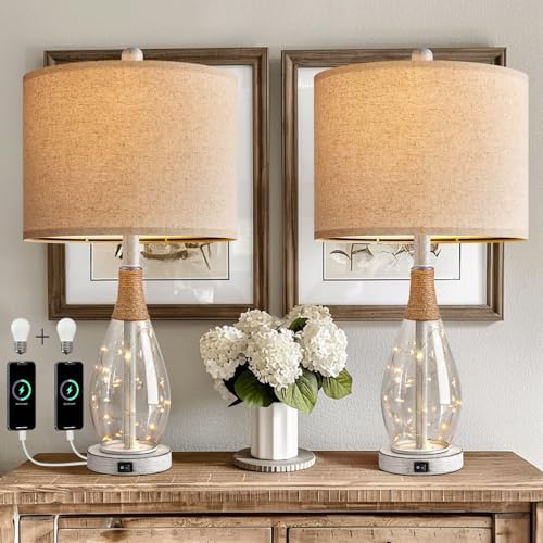 OYEARS 23" Table Lamps for Living Room Set of 2 Bedside Lamps for Night Stands Bedroom Lamps Farmhouse Rattan Boho Lamp Glass Nightlight End Table Lamp with USB C+A (White),Two Light Points by OYEARS