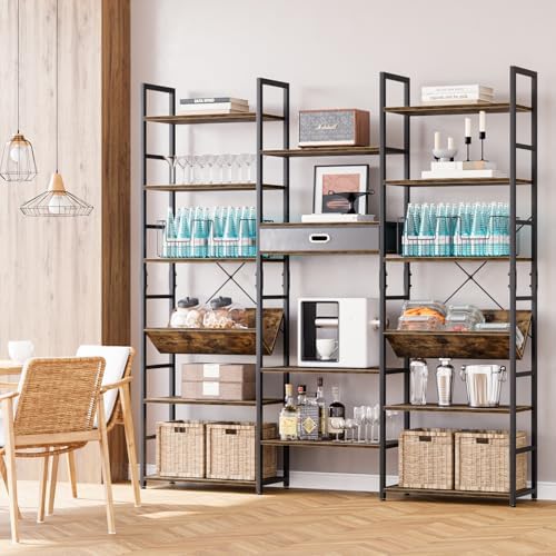 NUMENN Triple Wide 6 Tier Bookshelf with Drawer & Open Shelves, Vintage - Image 5