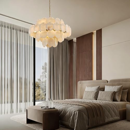 D31.5 Round Alabaster Chandelier, 4-Tier Brass Marble High Ceiling Chandeliers, 12-Light Modern Dimmable Pendant Light for Living Room Dining Room Bedroom Foyer Hallway Kitchen (Include Bulbs) - Image 7