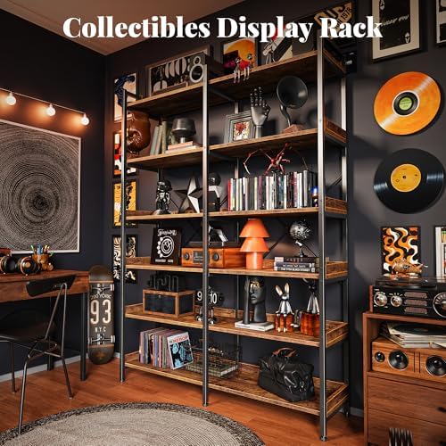 Huuger 6 Tier Bookshelf, Corner Bookshelf with 12 Open Shelves and Raised Baffle, 47.2 Inch Straight Wide Bookcase with Metal Frame and Wooden Board, Adjustable Feet, Rustic Brown - Image 4