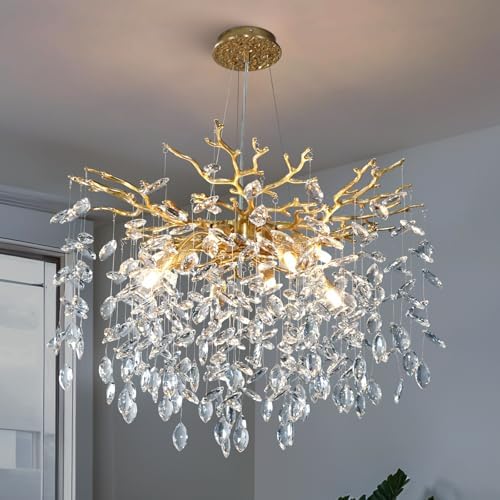 23.6" Modern Gold Tree Branch Chandelier, 8-Light Crystal Chandelier, Luxury Round K9 Crystal Raindrop Chandeliers Pendant Light Fixture for Dining Room Entryway Foyer Bedroom Kitchen Living Room by YUYILIGHTING