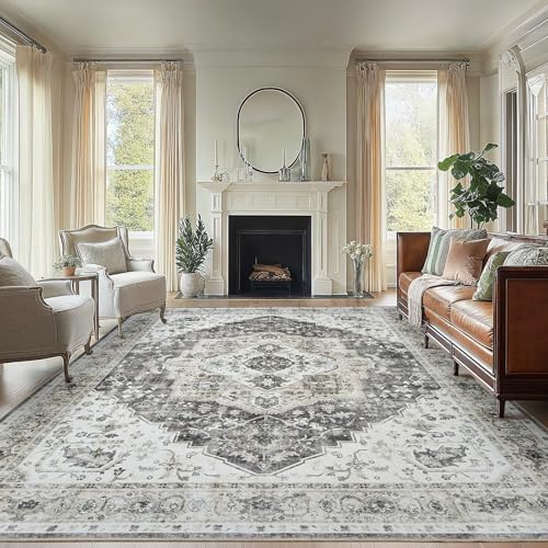 Amada Large 8x10 Washable Area Rug for Living Room, Grey, Vintage Pattern by AMADAHOMEFURNISHING