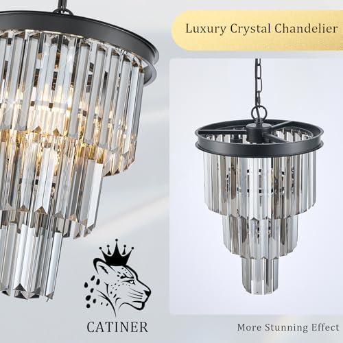CATINER 12" Smoke Gray Crystal Chandeliers,3 Pack Black Pendant Light - Image 4