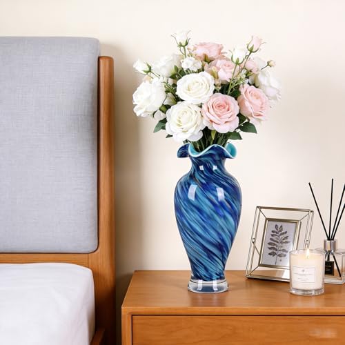12" Tall Hand Blown Glass Vase – Pretty Ruffle Wide Mouth Decorative Flower Vase, for Modern Home Decor, Ideal Centerpiece for Living Rooms, Wedding & Home Decor - Image 2