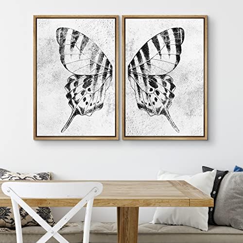 SIGNWIN Framed Canvas Print Wall Art Set Black & White Monarch Butterfly Wing Insect Nature Wilderness Illustrations Modern Art Rustic Relax/Calm for Living Room, Bedroom, Office - 16""x24""x2 Natural - Image 3