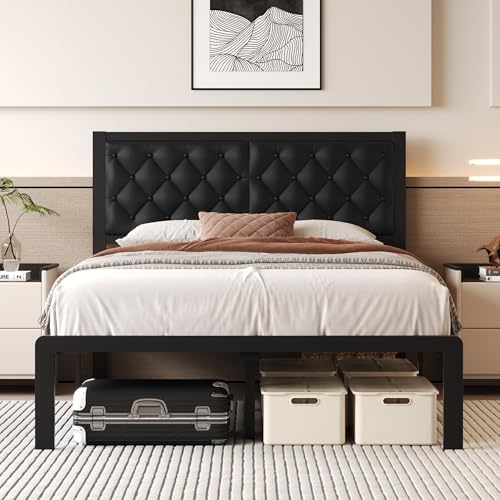 Fluest Full Bed Frame with Headboard PU Leather Upholstered Bed Frame Platform,All Metal Slats Support Platform Bed Frame with Storage Space,Easy Assembly,Noise Free,No Box Spring Needed,Black by Fluest
