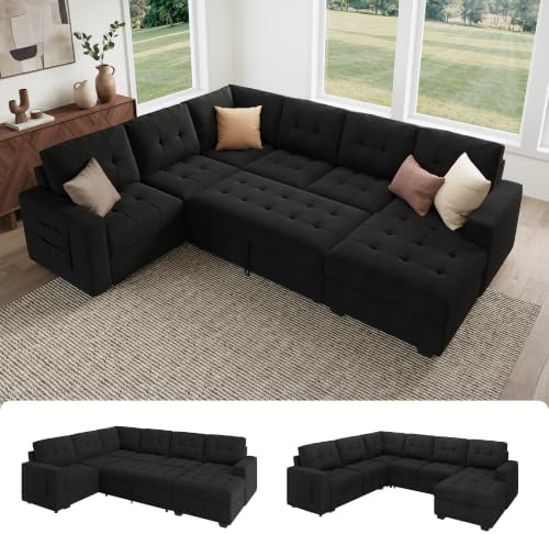 HONBAY Modular Sectional Sleeper Sofa with Pull Out Bed, U Shaped Sleeper Couches with Storage Chaise, 114'' Sleeper Sectional Sofas for Living Room, Apartment (Velvet Black) by HONBAY