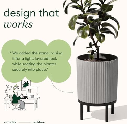 Veradek Demi Series Round Planter w/ Stand for Porch/Patio | Durable Plastic-Concrete & Wooden Stand | Modern Décor for Tall Plants, Flowers - Image 5